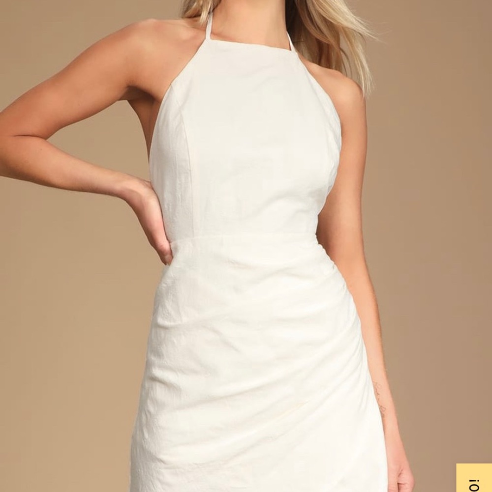 PERFECT WHITE MINI DRESS: Skies White Jacquard Tie-Back Halter Tulip Mini Dress.